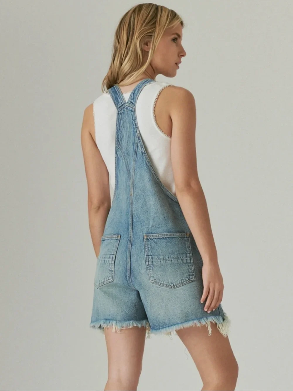 Lucky Brand Light Blue Denim Short Overalls with Crochet Panels - Picture 3 of 8